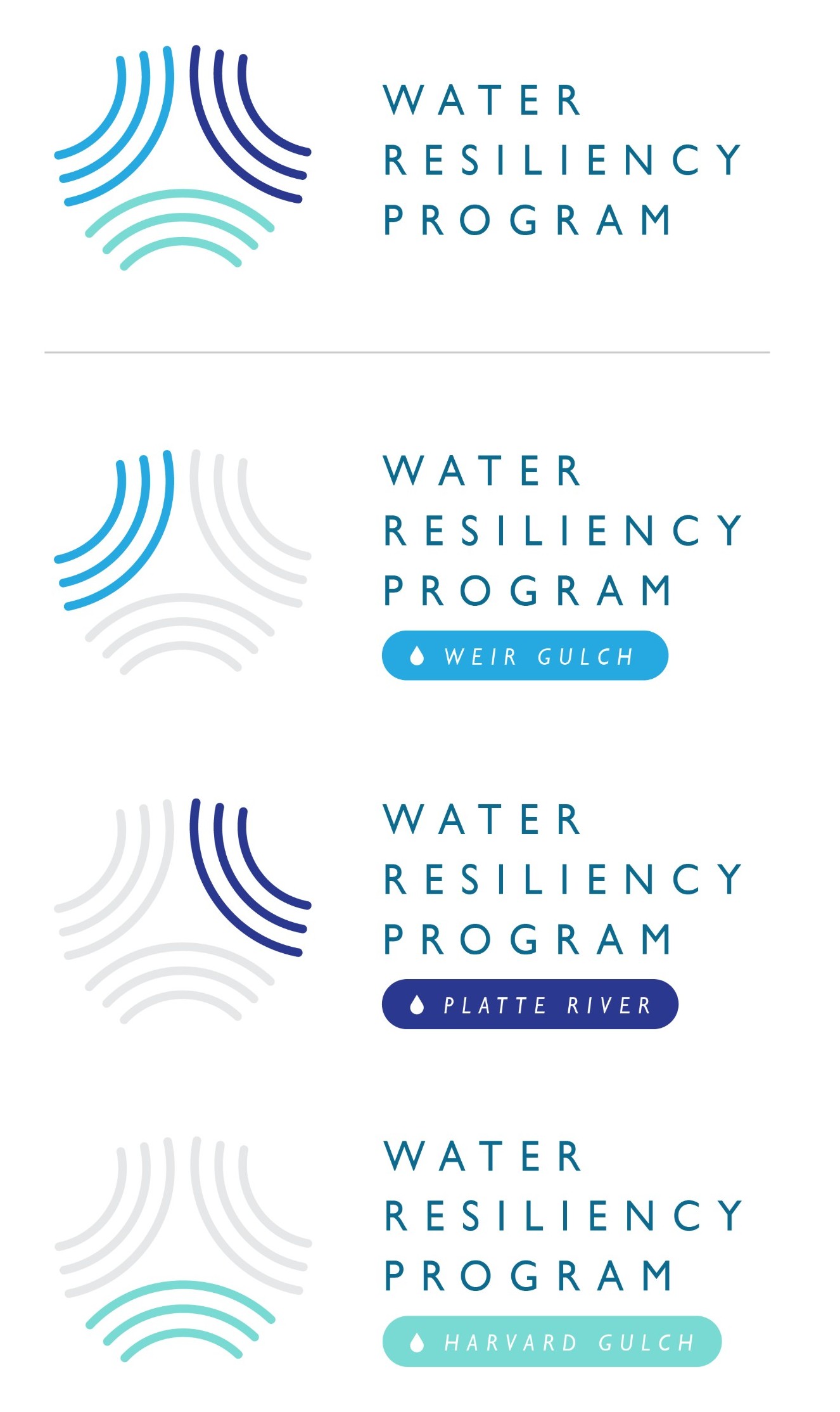 Water Resiliency Program brand collateral: business cards, tote, letterhead, envelope and social post